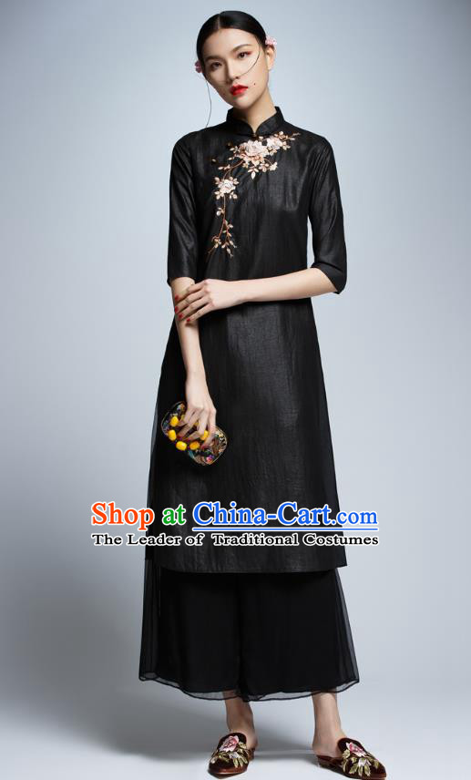 Chinese Traditional Black Cheongsam China National Costume Tang Suit Qipao Dress for Women