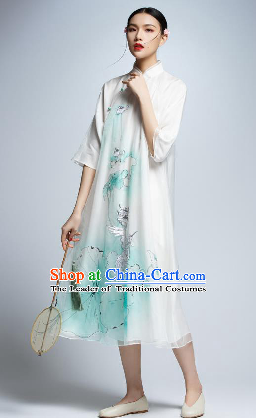 Chinese Traditional Printing Lotus Crane Cheongsam China National Costume Tang Suit Qipao Dress for Women