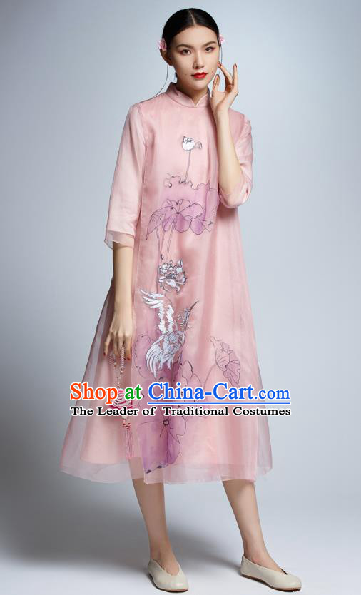 Chinese Traditional Printing Lotus Crane Pink Cheongsam China National Costume Tang Suit Qipao Dress for Women