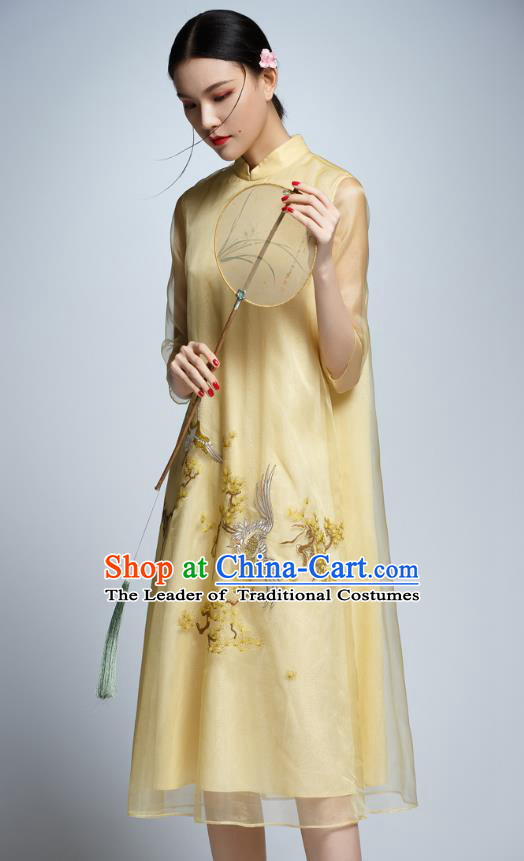 Chinese Traditional Embroidered Yellow Organza Cheongsam China National Costume Tang Suit Qipao Dress for Women