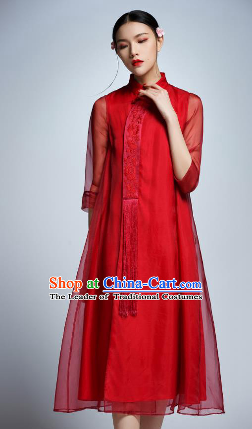 Chinese Traditional Embroidered Red Cheongsam China National Costume Tang Suit Qipao Dress for Women