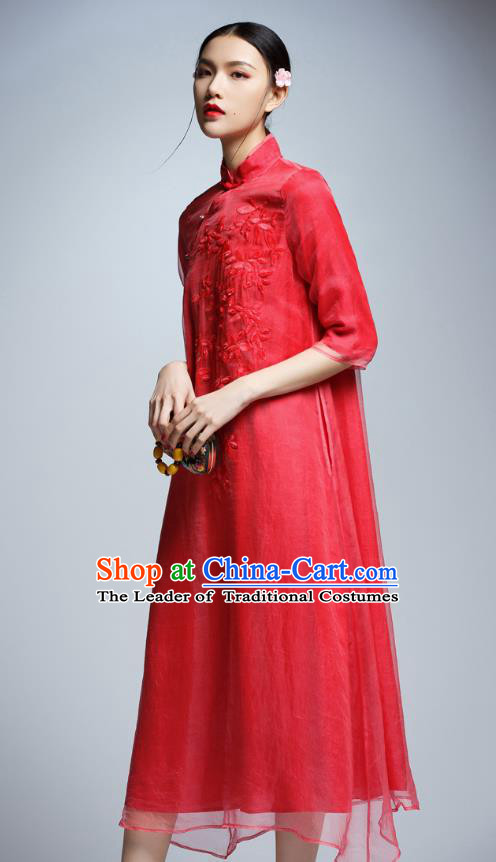Chinese Traditional Embroidered Red Silk Cheongsam China National Costume Tang Suit Qipao Dress for Women