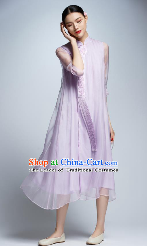 Chinese Traditional Embroidered Lilac Cheongsam China National Costume Tang Suit Qipao Dress for Women