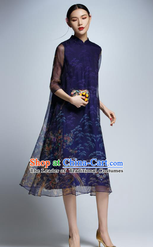 Chinese Traditional Navy Cheongsam China National Costume Tang Suit Qipao Dress for Women