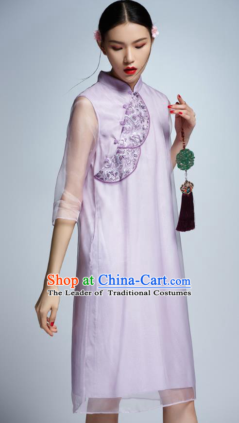 Chinese Traditional Embroidered Organza Purple Cheongsam China National Costume Tang Suit Qipao Dress for Women