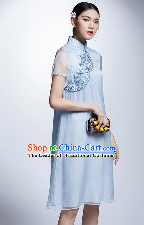 Chinese Traditional Embroidered Blue Cheongsam China National Costume Tang Suit Qipao Dress for Women