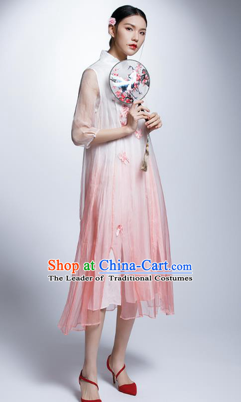 Chinese Traditional Embroidered Butterfly Flowers Pink Cheongsam China National Costume Tang Suit Qipao Dress for Women