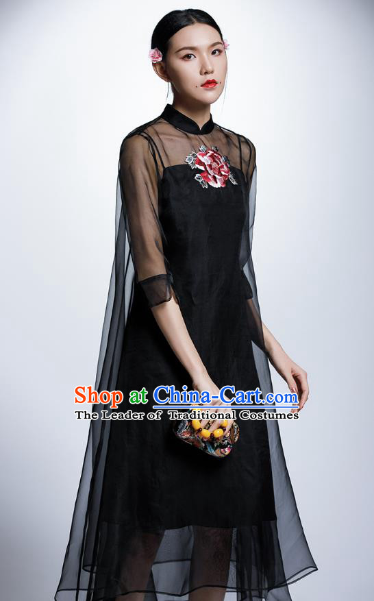 Chinese Traditional Embroidered Peony Black Cheongsam China National Costume Tang Suit Qipao Dress for Women