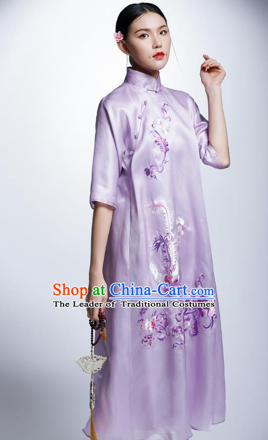 Chinese Traditional Costume Embroidered Purple Cheongsam China National Tang Suit Qipao Dress for Women