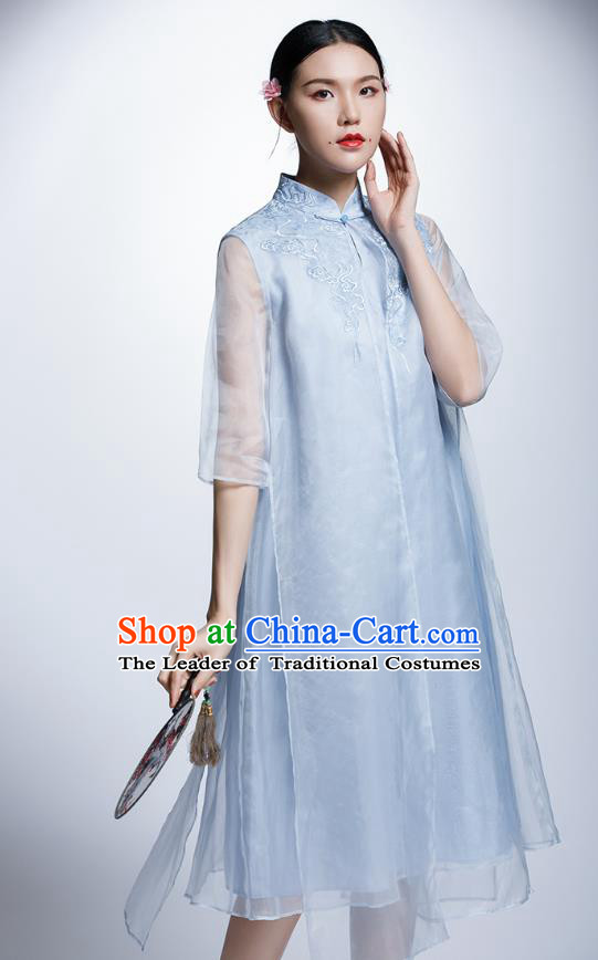 Chinese Traditional Costume Embroidered Blue Cheongsam China National Tang Suit Qipao Dress for Women