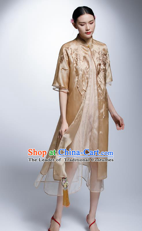 Chinese Traditional Costume Embroidered Golden Cheongsam China National Tang Suit Qipao Dress for Women
