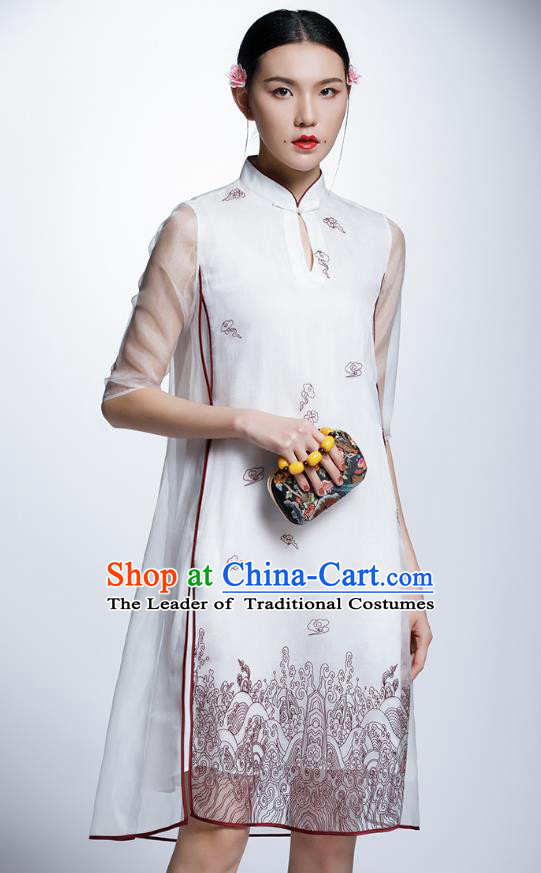 Chinese Traditional Costume Printing White Cheongsam China National Tang Suit Qipao Dress for Women