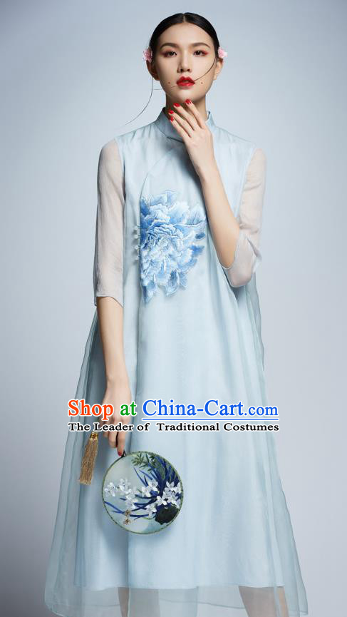 Chinese Traditional Embroidered Peony Blue Cheongsam China National Costume Tang Suit Qipao Dress for Women