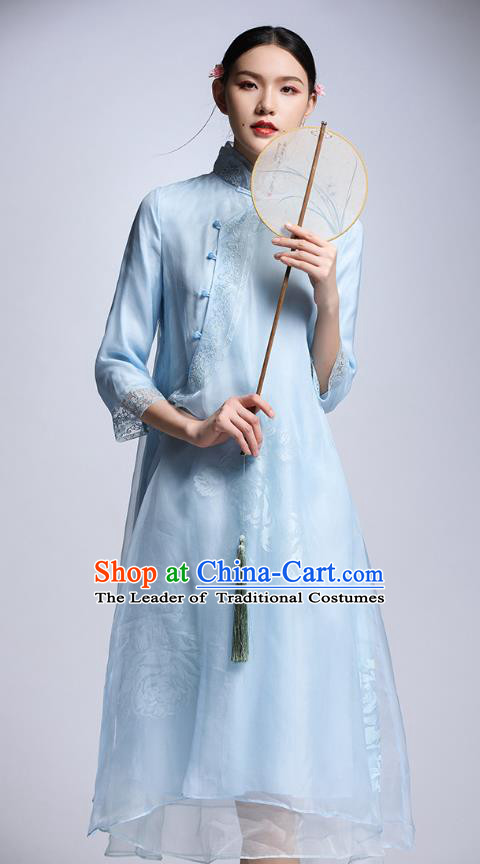 Chinese Traditional Tang Suit Blue Cheongsam China National Qipao Dress for Women
