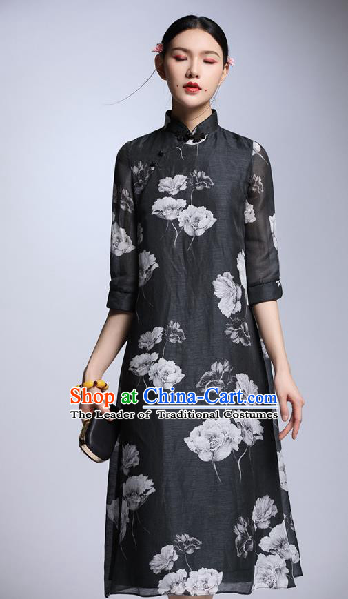 Chinese Traditional Tang Suit Printing Peony Black Cheongsam China National Qipao Dress for Women