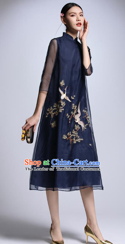 Chinese Traditional Tang Suit Embroidered Crane Navy Cheongsam China National Qipao Dress for Women