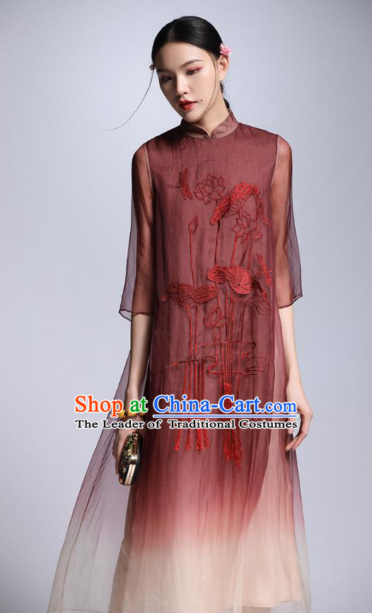 Chinese Traditional Tang Suit Embroidered Lotus Red Cheongsam China National Qipao Dress for Women