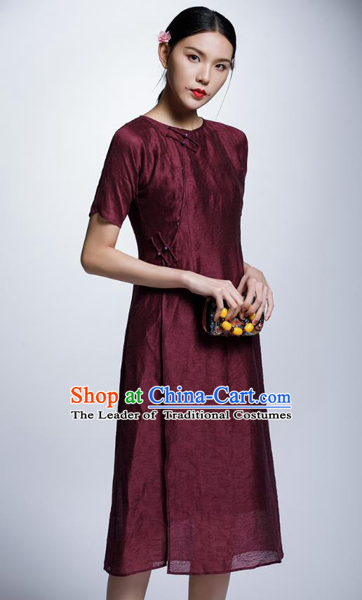 Chinese Traditional Wine Red Cheongsam China National Costume Tang Suit Qipao Dress for Women