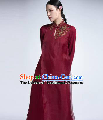 Chinese Traditional Tang Suit Embroidered Wine Red Cheongsam China National Qipao Dress for Women
