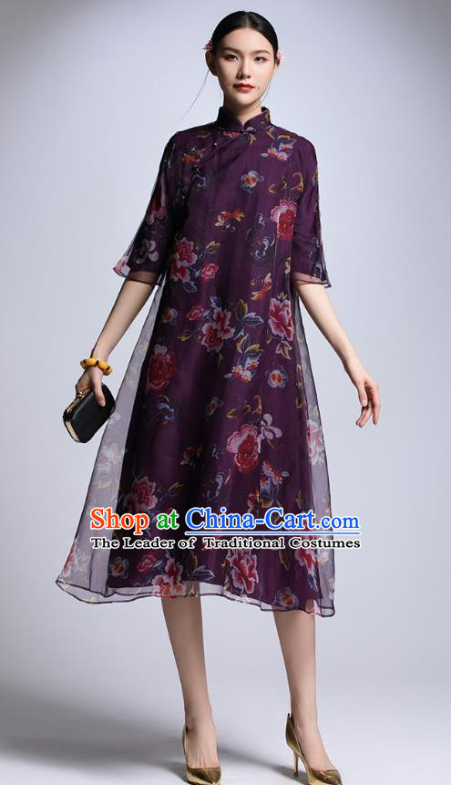 Chinese Traditional Tang Suit Printing Peony Purple Cheongsam China National Qipao Dress for Women