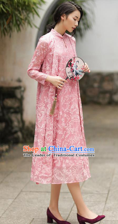 Chinese Traditional Tang Suit Embroidered Pink Cheongsam China National Qipao Dress for Women