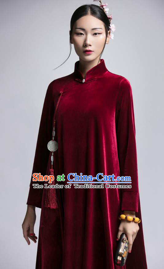 Chinese Traditional Tang Suit Wine Red Velvet Cheongsam China National Qipao Dress for Women
