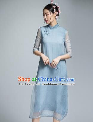 Chinese Traditional Tang Suit Blue Silk Cheongsam China National Qipao Dress for Women