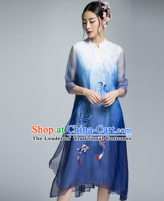 Chinese Traditional Tang Suit Embroidered Blue Silk Cheongsam China National Qipao Dress for Women