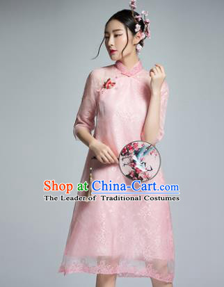 Chinese Traditional Tang Suit Pink Silk Cheongsam China National Qipao Dress for Women