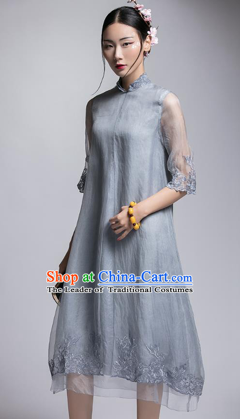 Chinese Traditional Tang Suit Embroidered Grey Organza Cheongsam China National Qipao Dress for Women