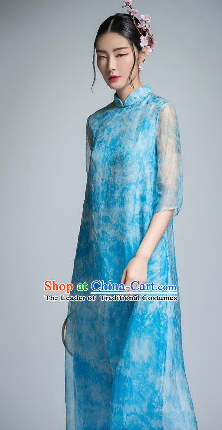 Chinese Traditional Tang Suit Blue Organza Cheongsam China National Qipao Dress for Women