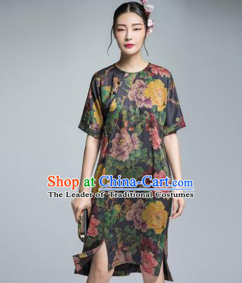 Chinese Traditional Tang Suit Printing Peony Cheongsam China National Qipao Dress for Women