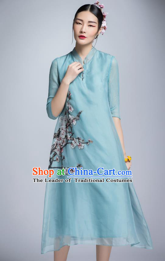 Chinese Traditional Tang Suit Printing Plum Blossom Blue Cheongsam China National Qipao Dress for Women