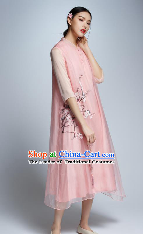 Chinese Traditional Tang Suit Printing Plum Blossom Pink Cheongsam China National Qipao Dress for Women