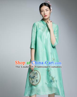 Chinese Traditional Tang Suit Embroidered Green Silk Cheongsam China National Qipao Dress for Women