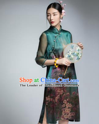 Chinese Traditional Tang Suit Printing Green Silk Cheongsam China National Qipao Dress for Women