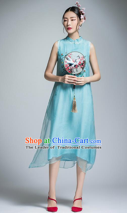 Chinese Traditional Tang Suit Embroidered Peony Cheongsam China National Blue Qipao Dress for Women