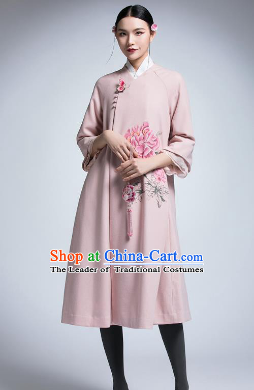 Chinese Traditional Tang Suit Pink Woolen Dust Coat China National Upper Outer Garment Coat for Women
