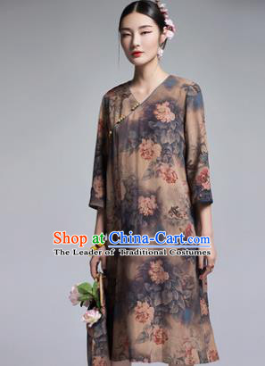 Chinese Traditional Tang Suit Printing Peony Brown Cheongsam China National Qipao Dress for Women
