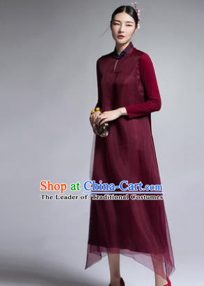Chinese Traditional Tang Suit Wine Red Cheongsam China National Qipao Dress for Women