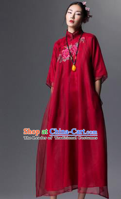 Chinese Traditional Tang Suit Red Cheongsam China National Embroidered Peony Qipao Dress for Women