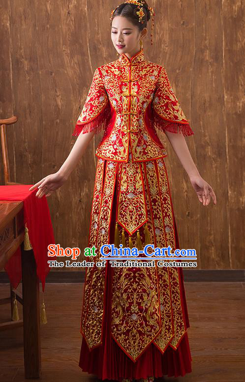 Traditional Chinese Ancient Embroidered Bottom Drawer Xiuhe Suit Wedding Dress Toast Red Cheongsam for Women