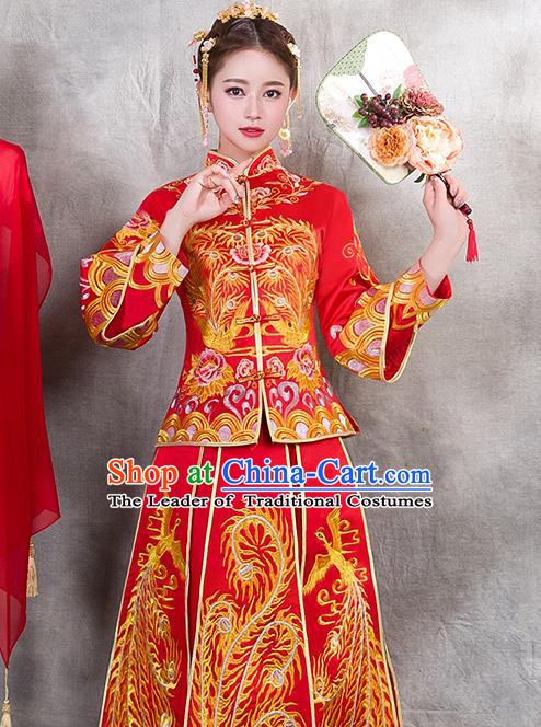 Traditional Chinese Ancient Bottom Drawer Embroidered Phoenix Xiuhe Suit Wedding Dress Toast Red Cheongsam for Women