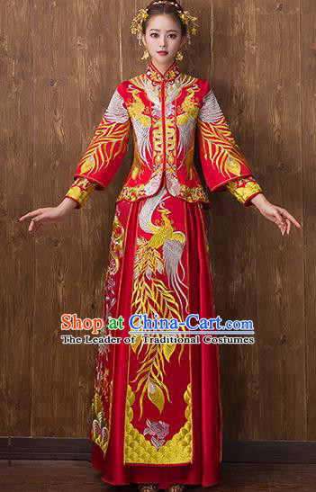 Traditional Chinese Ancient Embroidered Phoenix Bottom Drawer Xiuhe Suit Wedding Dress Toast Cheongsam for Women