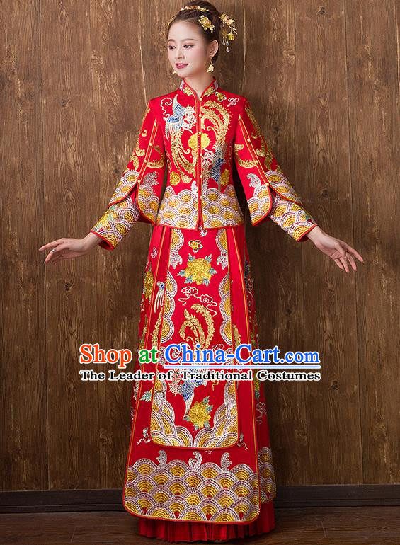 Traditional Chinese Ancient Embroidered Toast Cheongsam Red Bottom Drawer Xiuhe Suit Wedding Dress for Women