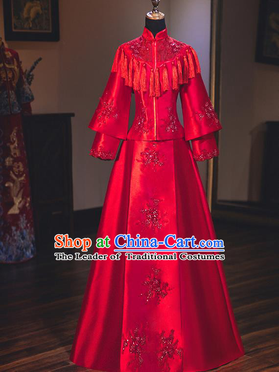 Chinese Traditional Wedding Embroidered Dress Red Bottom Drawer Ancient Bride Xiuhe Suit Costume for Women