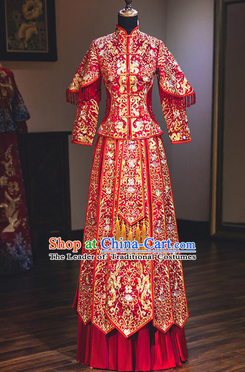 Chinese Traditional Wedding Delicate Embroidered Dress Diamante Bottom Drawer Ancient Bride Xiuhe Suit Costume for Women