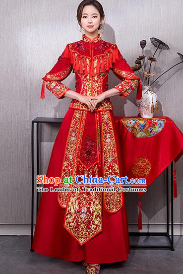 Chinese Traditional Bridal Red Xiuhe Suit Embroidered Wedding Dress Ancient Bride Cheongsam for Women