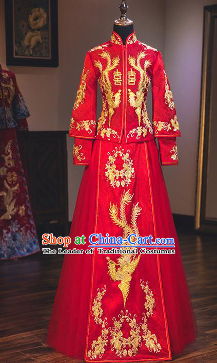 Chinese Traditional Red Wedding Dress Delicate Embroidered Phoenix Bottom Drawer Ancient Bride Xiuhe Suit Costume for Women