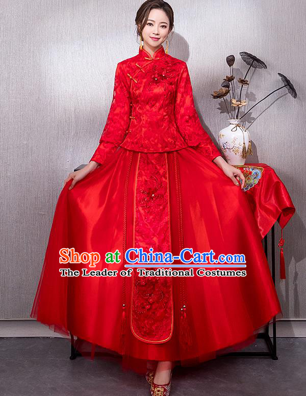 Chinese Traditional Bridal Red Xiuhe Suit Embroidered Peony Wedding Dress Ancient Bride Cheongsam for Women